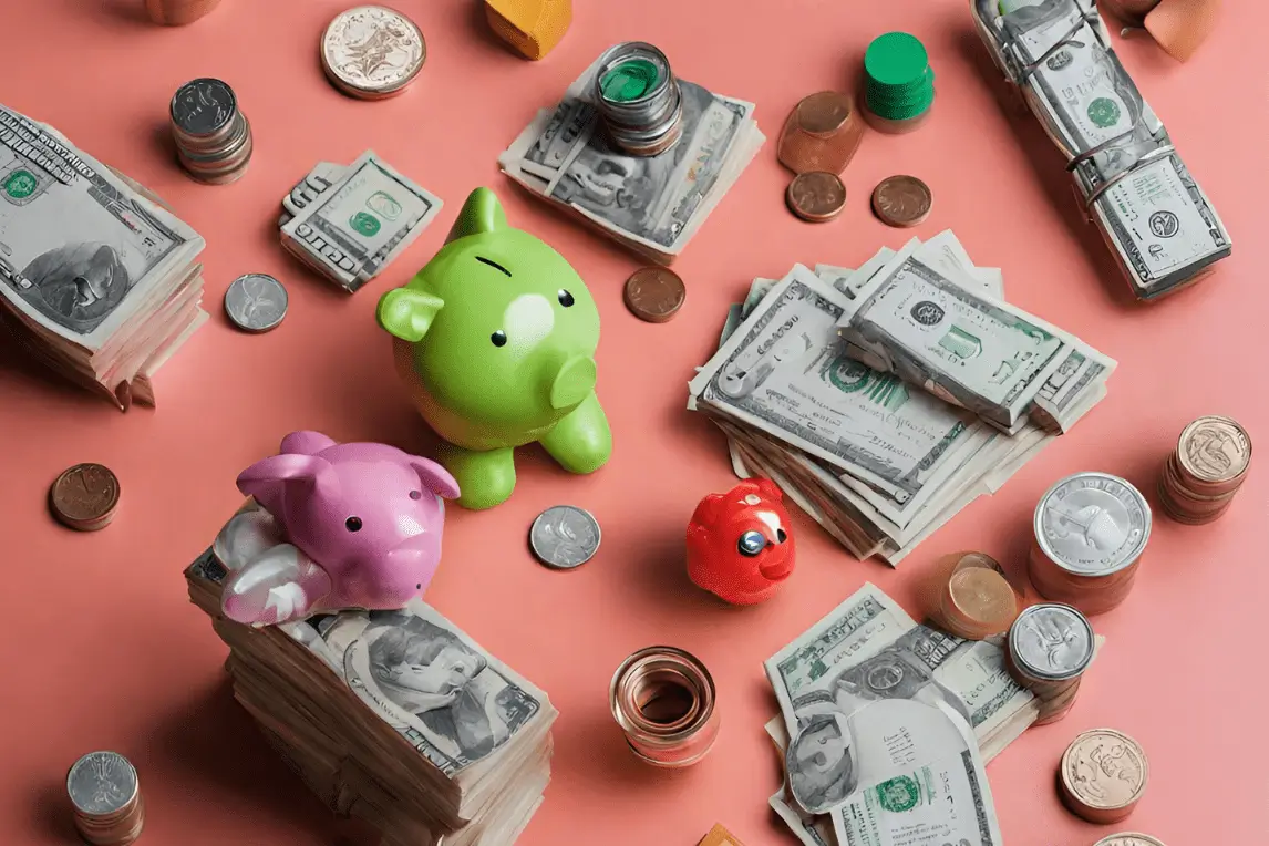 Sparschweine und Geld auf Tisch